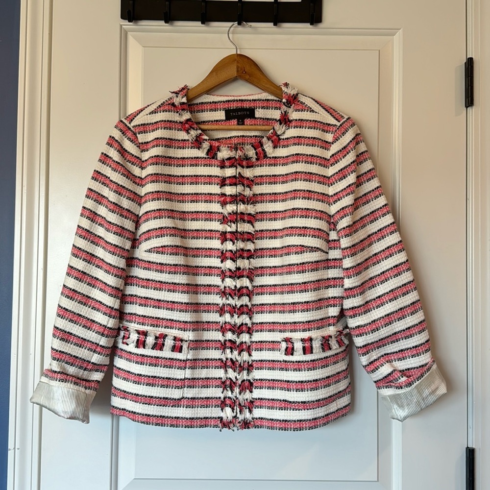 Talbots White & Pink Zip Up Fringe Jacket Like New